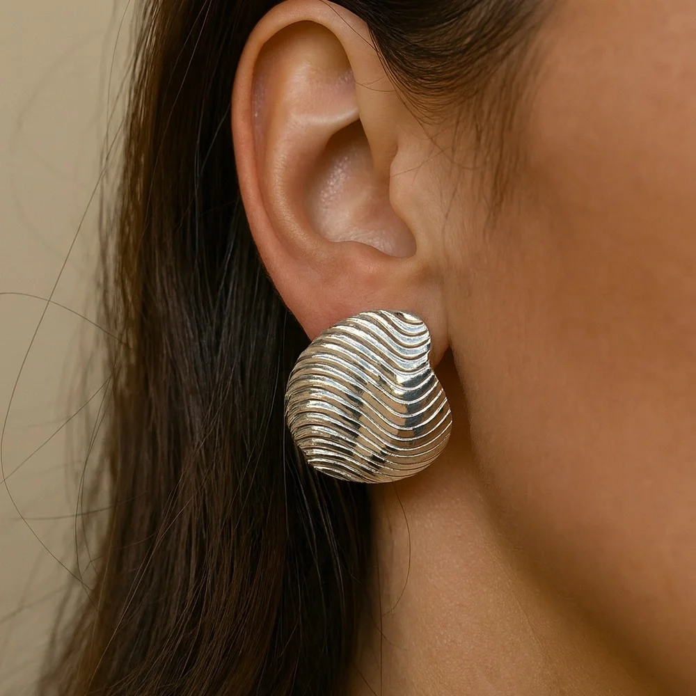 Vintage Ridged Silver tone pierced earrings 1”